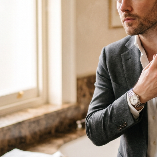 Man applying luxury perfume in front of a mirror in soft morning light