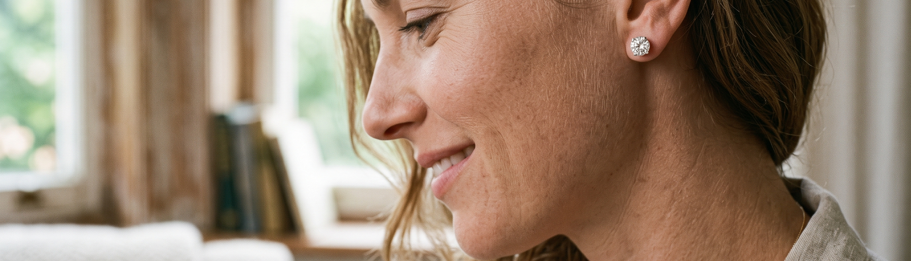 Woman wearing lab-grown diamond stud earrings in natural window light