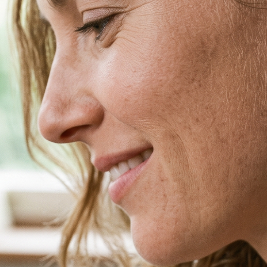 Woman wearing lab-grown diamond stud earrings in natural window light