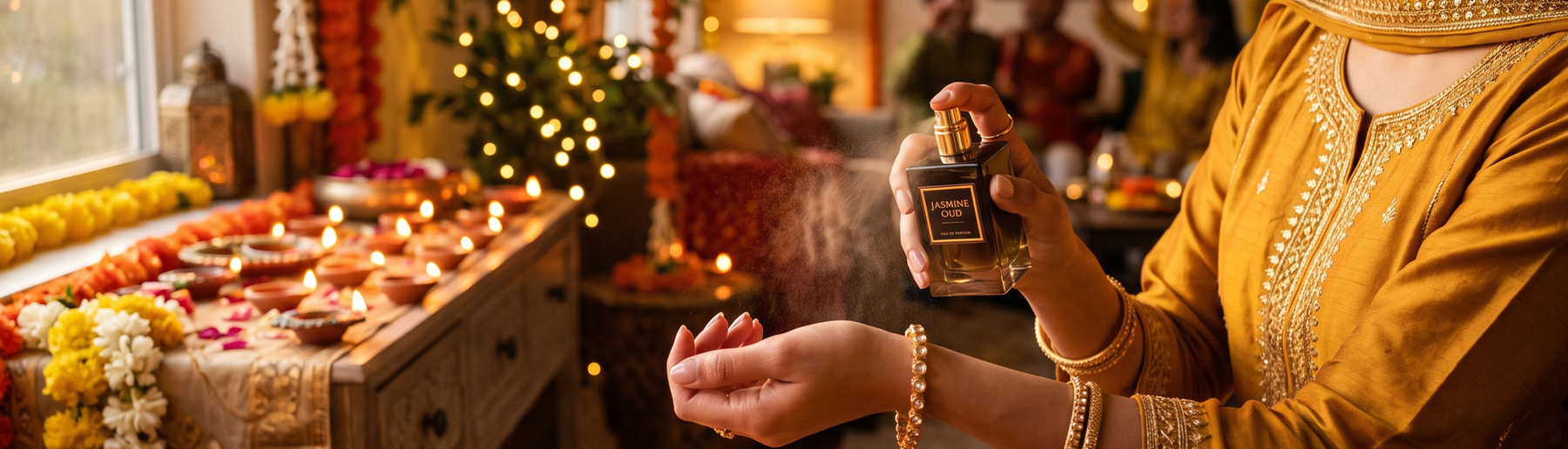 Hand spraying luxury perfume in a home decorated for Diwali with diyas and string lights