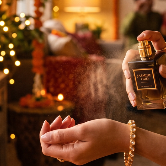 Hand spraying luxury perfume in a home decorated for Diwali with diyas and string lights