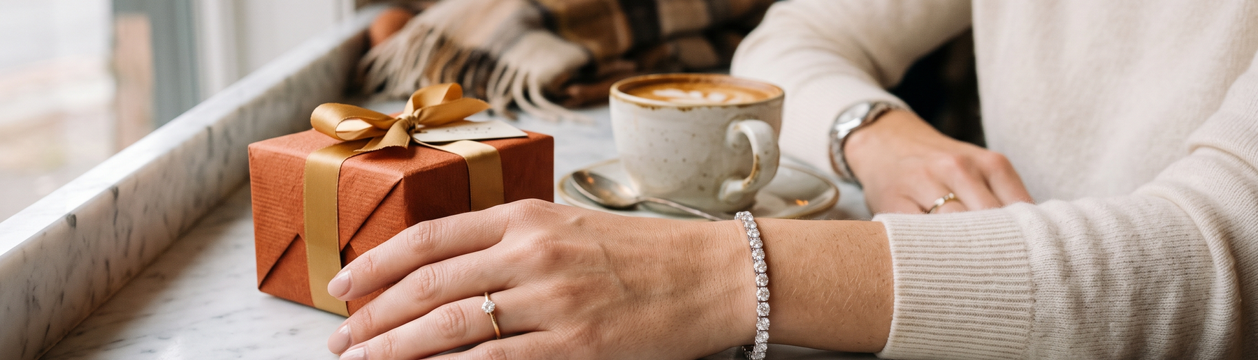 Woman's wrist wearing a lab-grown diamond tennis bracelet next to a wrapped gift box