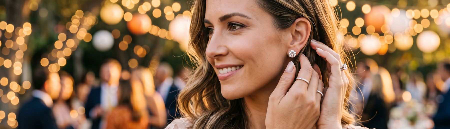 Woman wearing lab-grown diamond stud earrings at an outdoor wedding reception