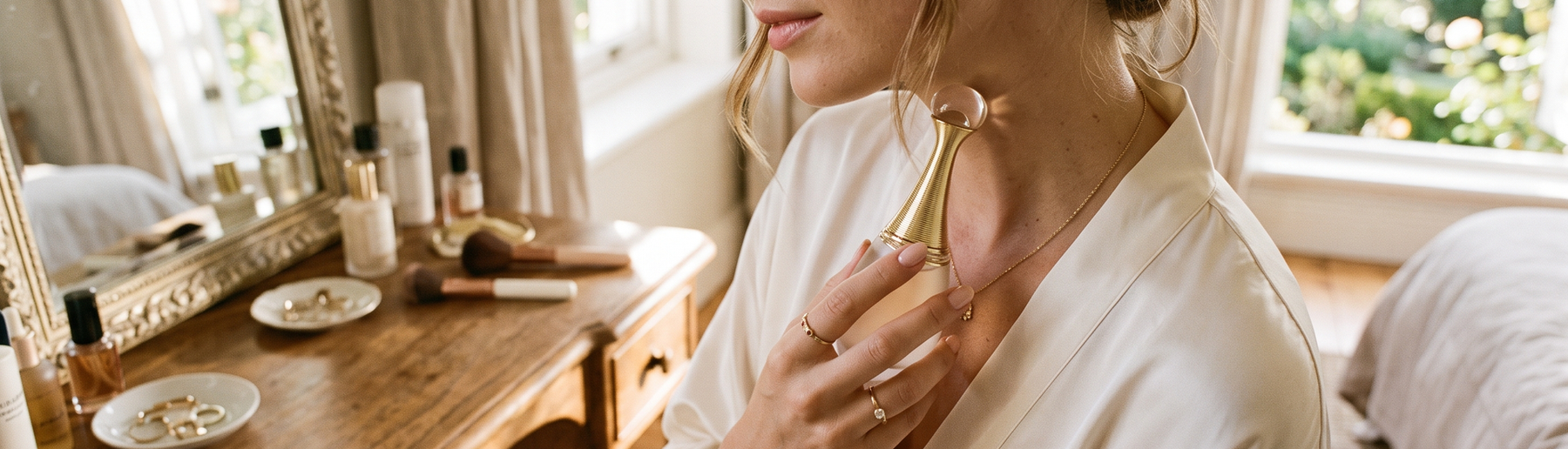 Woman holding a luxury perfume bottle while getting ready in a sunlit room