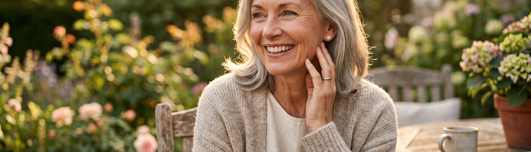 Smiling woman wearing diamond stud earrings in a sunlit garden