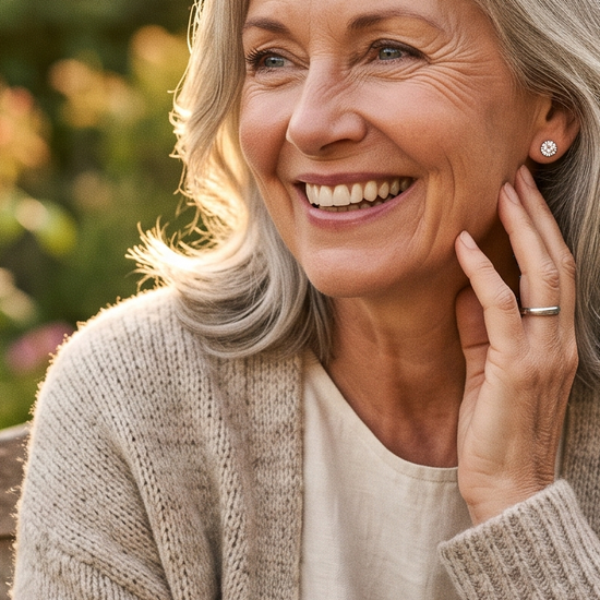 Smiling woman wearing diamond stud earrings in a sunlit garden