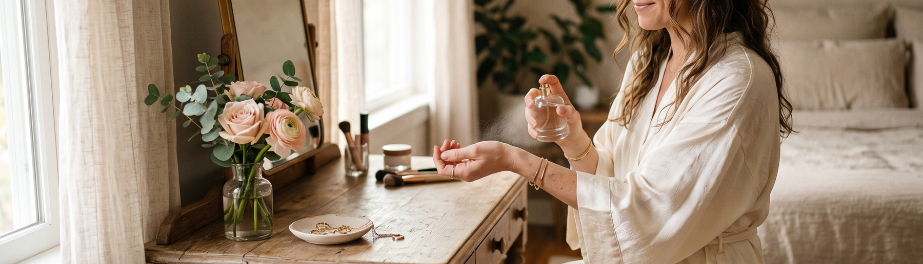 Woman spritzing perfume at a vanity table in morning light