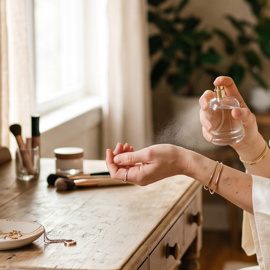 Woman spritzing perfume at a vanity table in morning light