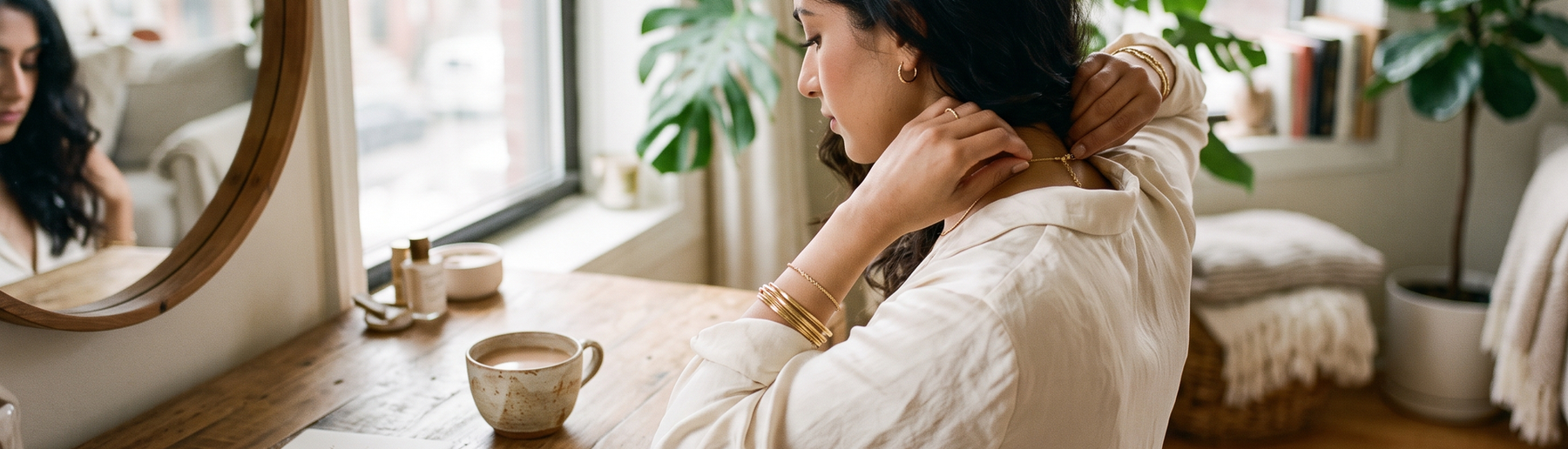 South Asian American woman in a cream blouse fastening a delicate necklace at a sunlit dressing table with gold bangles, chai, and wedding invitations nearby