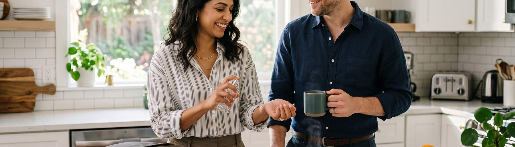 Two people in casual work clothes at a sunlit kitchen counter, one about to spray an unlabeled fragrance bottle on the wrist before leaving for the day