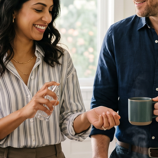 Two people in casual work clothes at a sunlit kitchen counter, one about to spray an unlabeled fragrance bottle on the wrist before leaving for the day