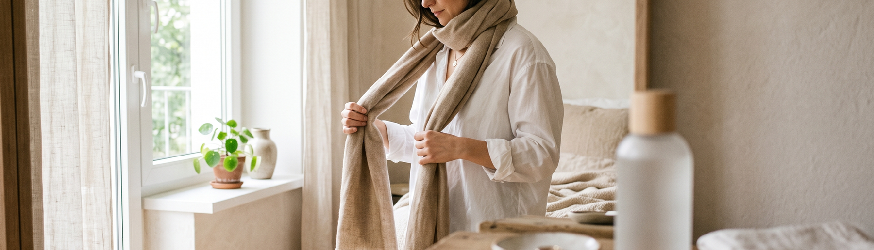 A person in a white shirt wrapping a scarf by a bright window beside a bare wooden dresser