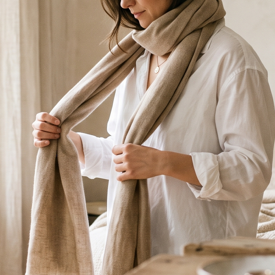 A person in a white shirt wrapping a scarf by a bright window beside a bare wooden dresser