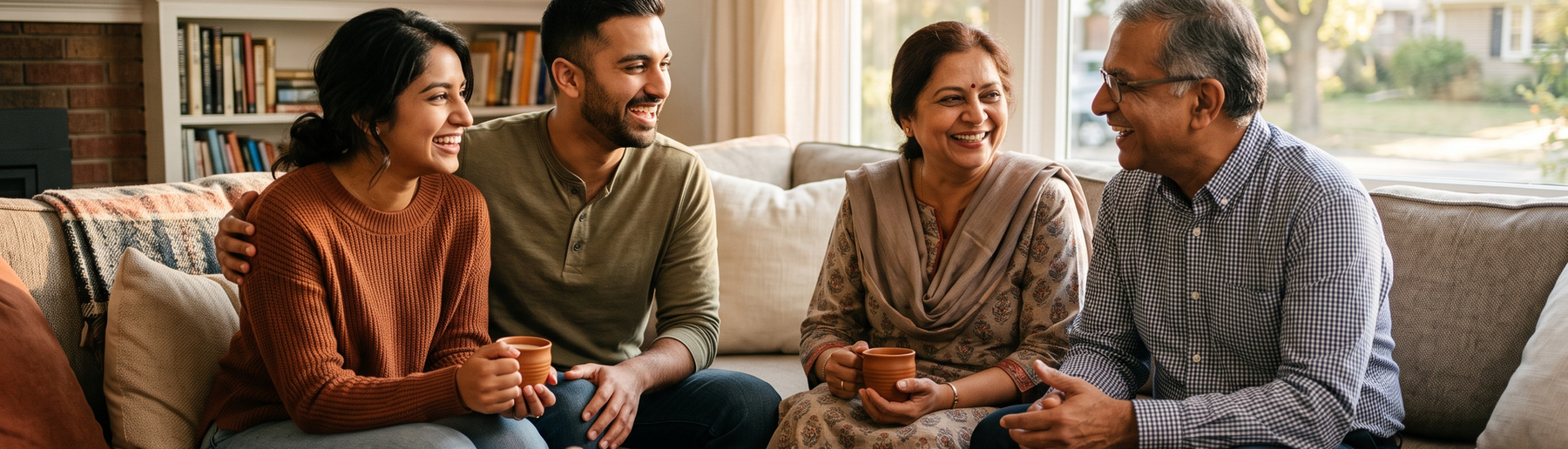 A young couple and her parents sharing chai and talking together on a living room sofa