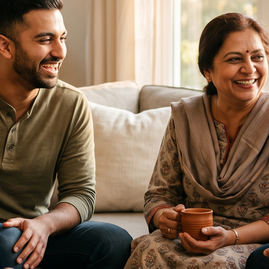 A young couple and her parents sharing chai and talking together on a living room sofa