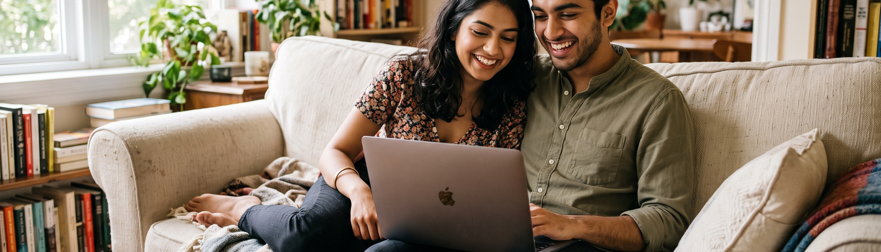Smiling couple sitting on a sofa sharing a laptop with two cups of chai on the coffee table while planning an engagement