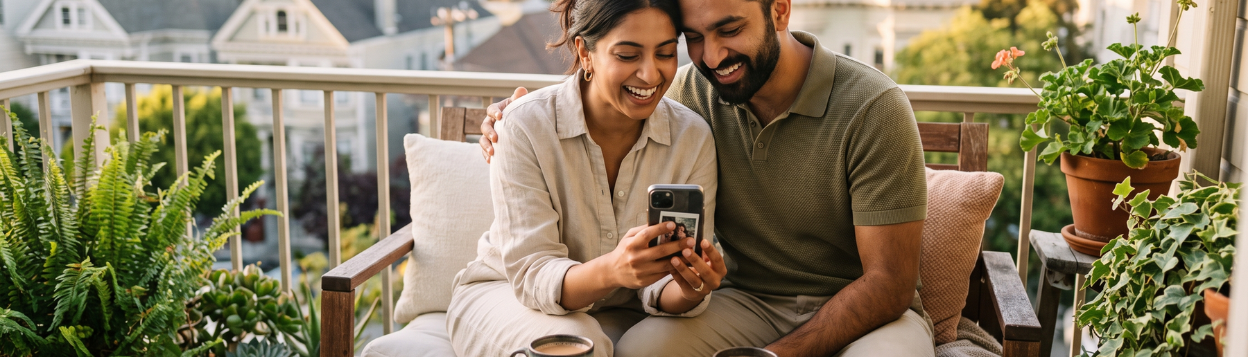 Couple sharing a phone on a sunny balcony with two cups of chai while planning their wedding bands