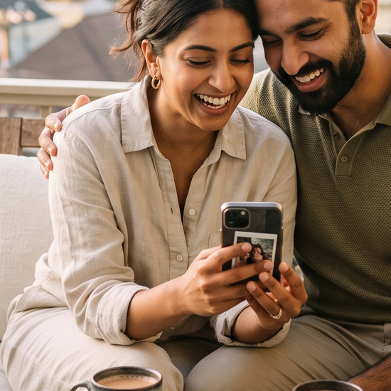 Couple sharing a phone on a sunny balcony with two cups of chai while planning their wedding bands