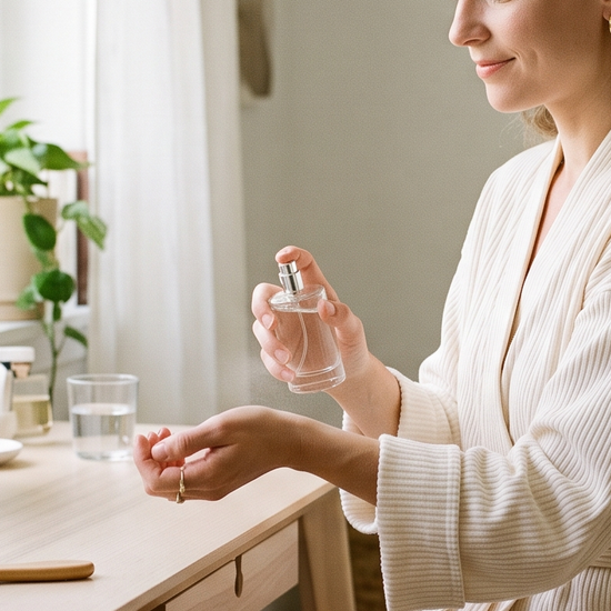 A woman applying perfume to her wrist at a bright bedroom vanity