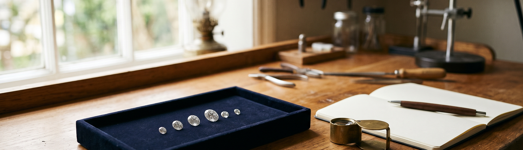 Jeweler's bench with a digital caliper and loose round diamonds of different carat sizes