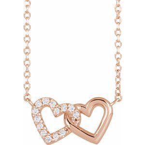 Ladies Natural Diamond Petite Double Interlocking Heart Necklace (I1, G-H) — 14K Rose Gold