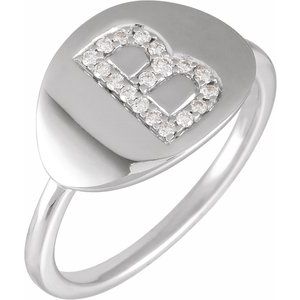 Ladies Natural Diamond Initial B Signet Ring (I1, H+) — 14K White Gold