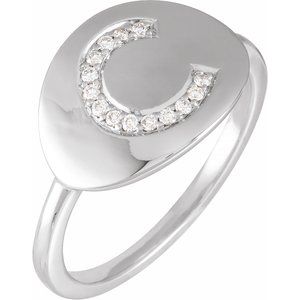 Ladies Natural Diamond Initial C Signet Ring (I1, H+) — 14K White Gold