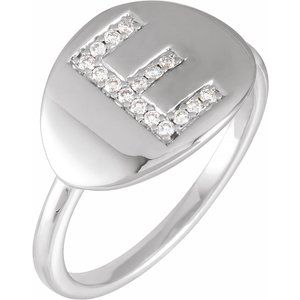 Ladies Natural Diamond Initial E Signet Ring (I1, H+) — 14K White Gold