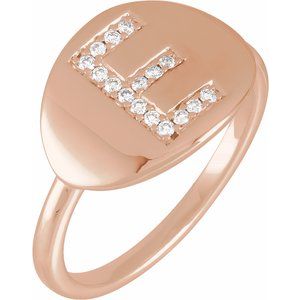 Ladies Natural Diamond Initial E Signet Ring (I1, H+) — 14K Rose Gold