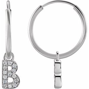 Ladies Natural Diamond Single Initial B Hoop Earring (I1, H+) — 14K White Gold
