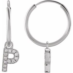 Ladies Natural Diamond Single Initial P Hoop Earring (I1, H+) — 14K White Gold