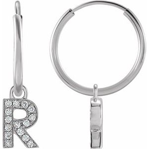 Ladies Natural Diamond Single Initial R Hoop Earring (I1, H+) — 14K White Gold