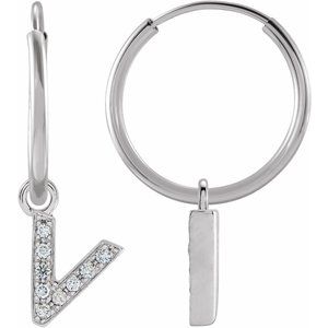 Ladies Natural Diamond Single Initial V Hoop Earring (I1, H+) — 14K White Gold