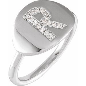 Ladies Natural Diamond Initial R Signet Ring (I1, H+) — 14K White Gold