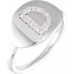 Ladies Natural Diamond Initial D Signet Ring (I1, H+) — 14K White Gold