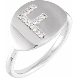 Ladies Natural Diamond Initial F Signet Ring (I1, H+) — 14K White Gold