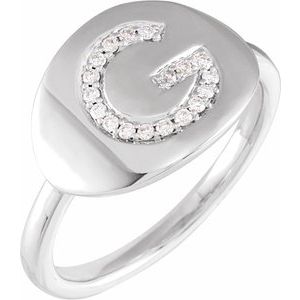 Ladies Natural Diamond Initial G Signet Ring (I1, H+) — 14K White Gold