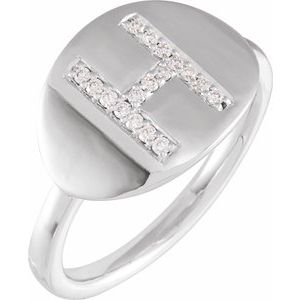 Ladies Natural Diamond Initial H Signet Ring (I1, H+) — 14K White Gold