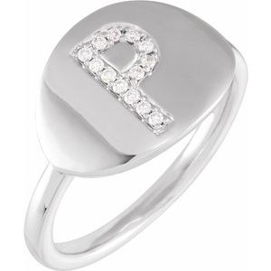 Ladies Natural Diamond Initial P Signet Ring (I1, H+) — 14K White Gold