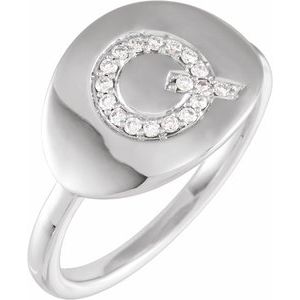Ladies Natural Diamond Initial Q Signet Ring (I1, H+) — 14K White Gold