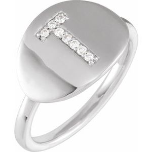 Ladies Natural Diamond Initial T Signet Ring (I1, H+) — 14K White Gold
