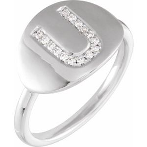 Ladies Natural Diamond Initial U Signet Ring (I1, H+) — 14K White Gold