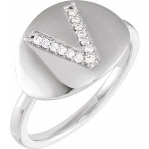 Ladies Natural Diamond Initial V Signet Ring (I1, H+) — 14K White Gold