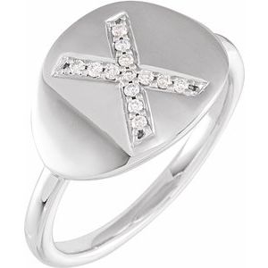 Ladies Natural Diamond Initial X Signet Ring (I1, H+) — 14K White Gold
