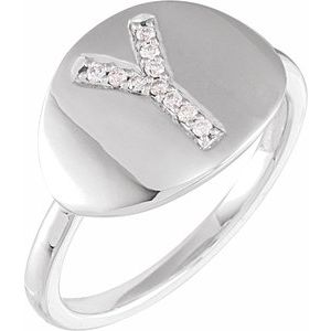 Ladies Natural Diamond Initial Y Signet Ring (I1, H+) — 14K White Gold