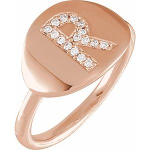 Ladies Natural Diamond Initial R Signet Ring (I1, H+) — 14K Rose Gold