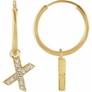 Ladies Natural Diamond Single Initial X Hoop Earring (I1, H+) — 14K Yellow Gold