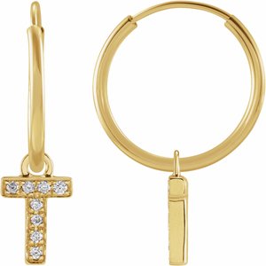 Ladies Natural Diamond Single Initial T Hoop Earring (I1, H+) — 14K Yellow Gold