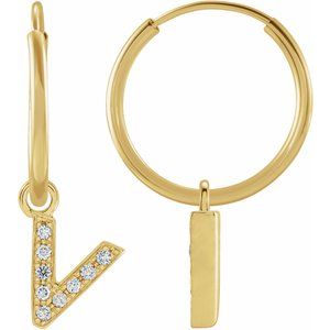 Ladies Natural Diamond Single Initial V Hoop Earring (I1, H+) — 14K Yellow Gold
