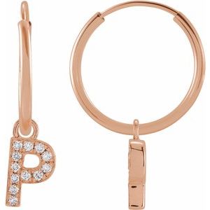 Ladies Natural Diamond Single Initial P Hoop Earring (I1, H+) — 14K Rose Gold